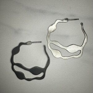 Abstract Oxidized Patina Wavy Hoop Earrings Statement Modern Sculpture Art‎